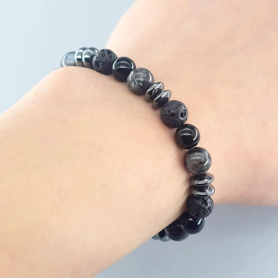Dark Series Black Natural Labradorite Stone Lava Bead Bracelets