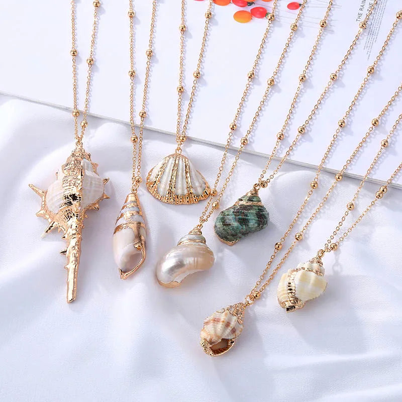 Gold Sea Shell Beach Pendant Necklace