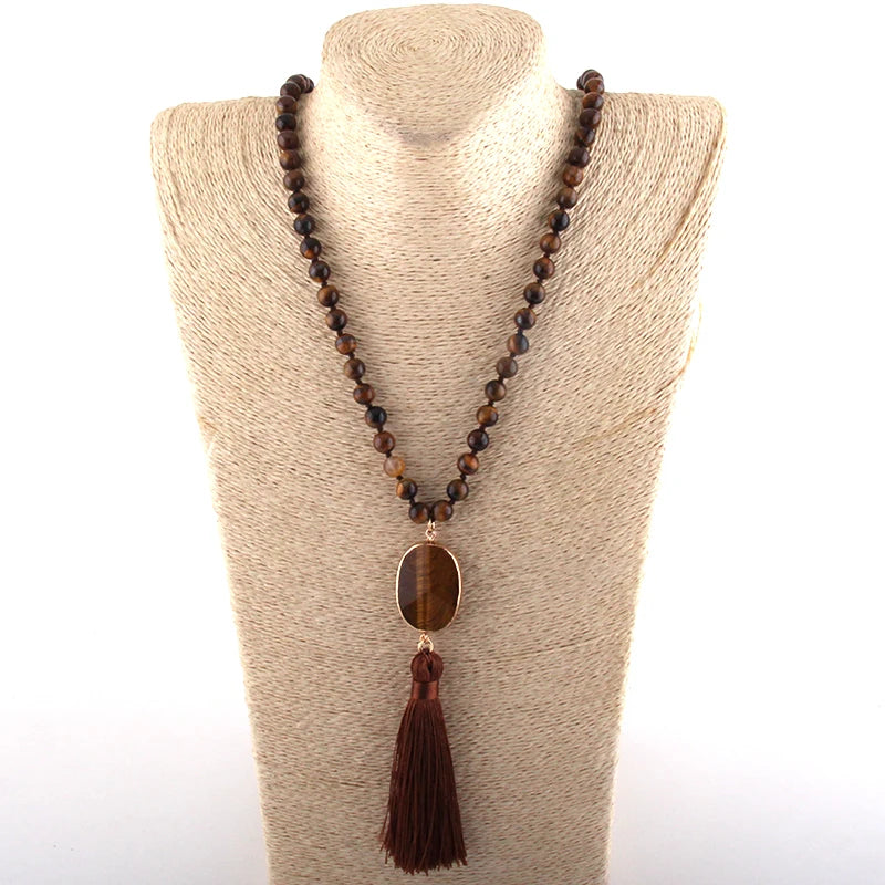 Precious Stones Long Knotted Tassel Necklaces
