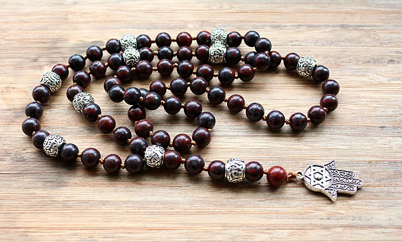 Spiritual Long Lariat Natural stone Hamsa Pendant Necklace