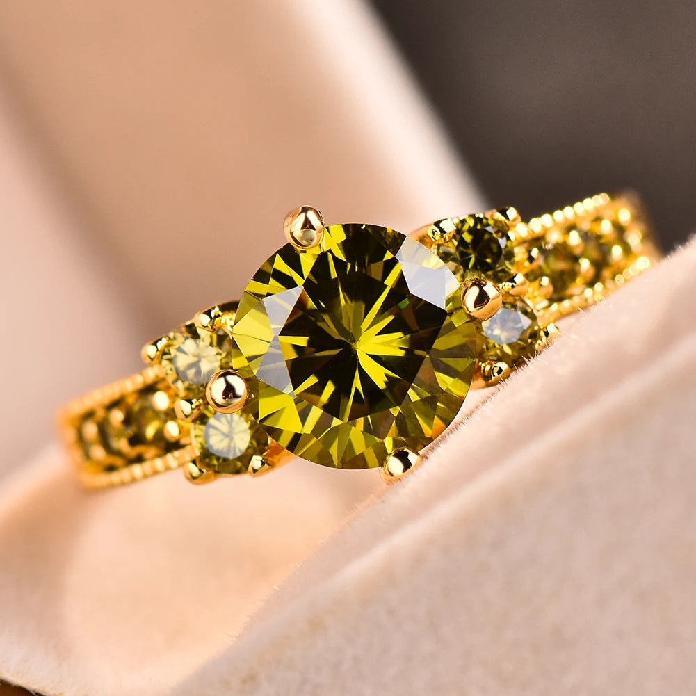 Gorgeous Olive Green Crystal Charm Gold Ring