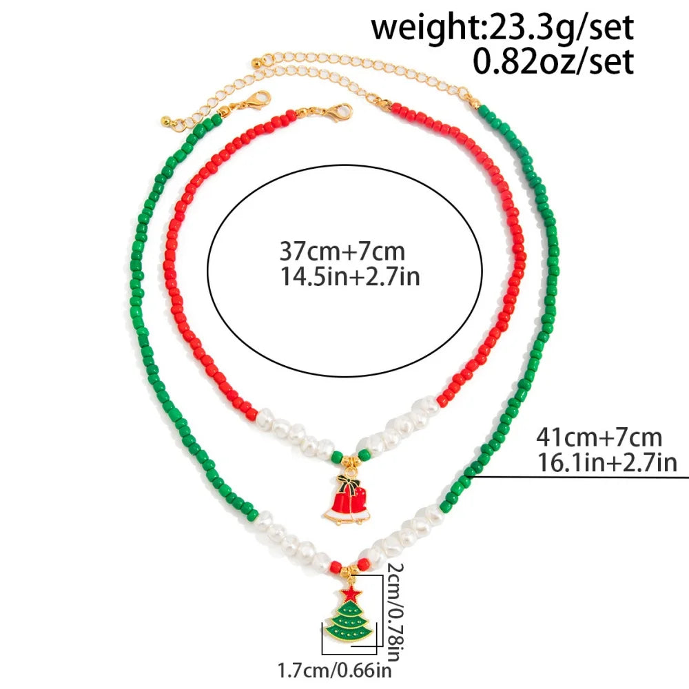 Classic Pearl Christmas Tree Bell Double Layered Pendant Necklace