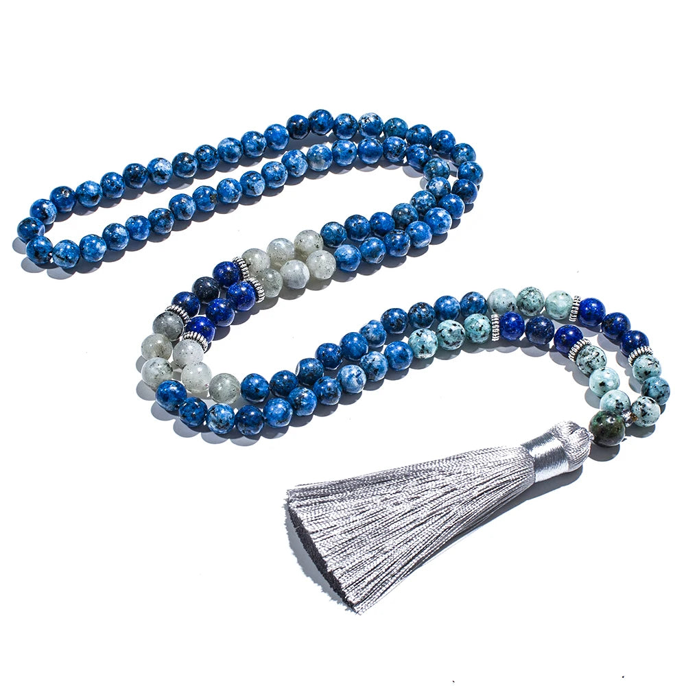 Blue & White Natural Stone Beaded Tassel Necklace