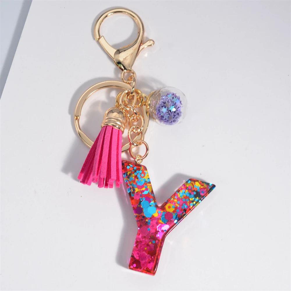Mystery Star Ball 26 Letters Tassel Fuchsia Keychain