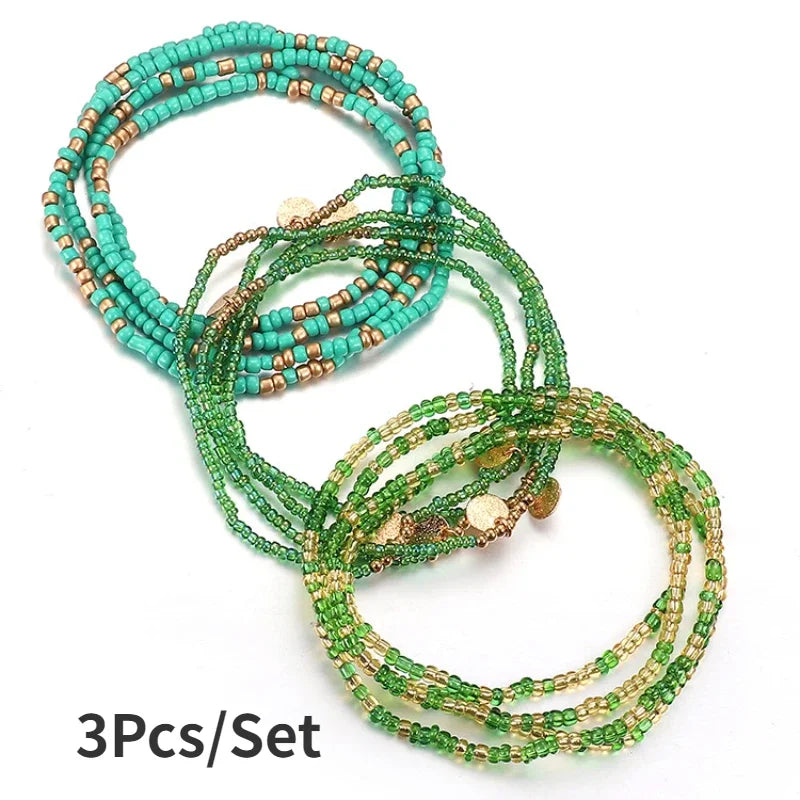 Colorful Rice Bead Anklet and Waist Bracelet Chains Sets