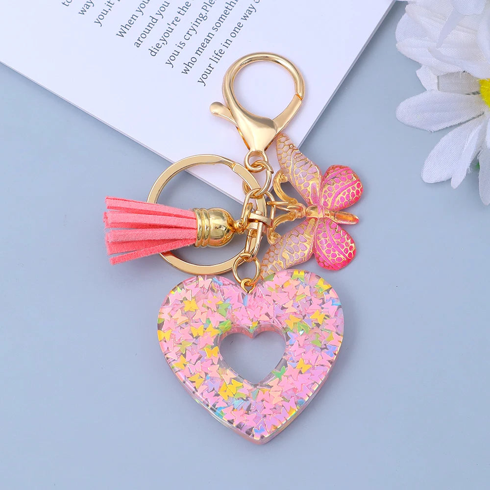 Creative Sequin Love Heart Keychain with Cute Butterfly Tassel