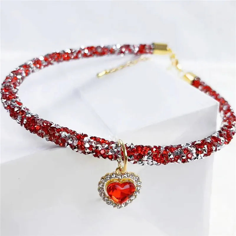 Crystal Cat & Dog Collar Heart Gem Pendant Rhinestone Necklace