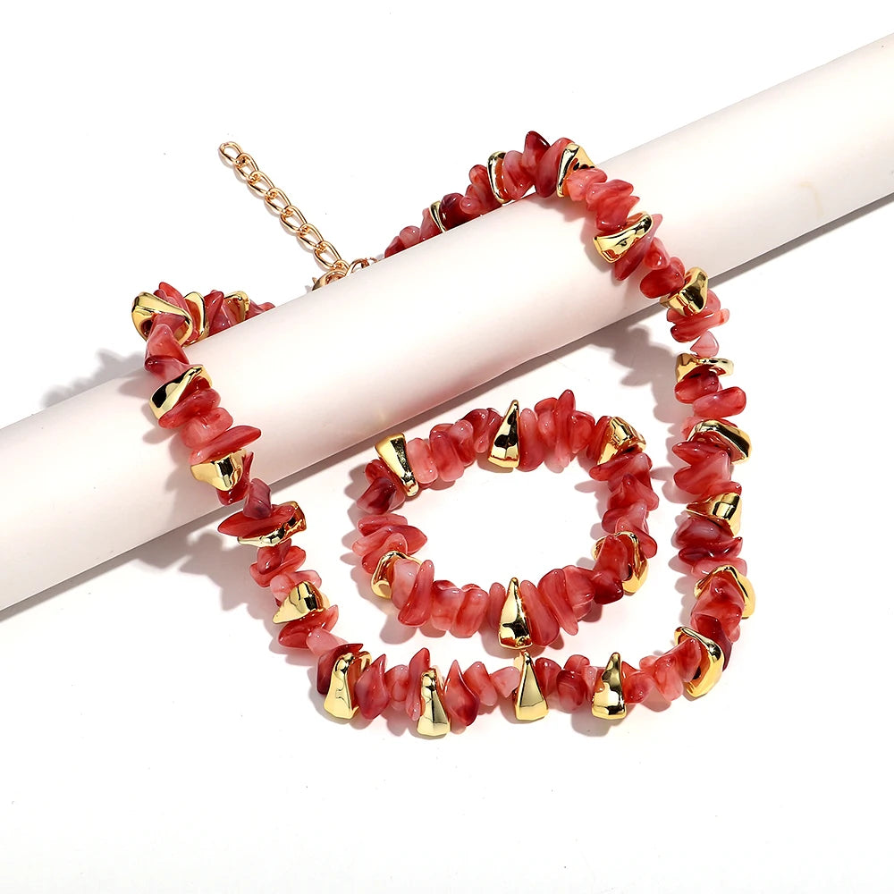 Gold Colorful Chip Stone Beads Necklace Bracelet Sets