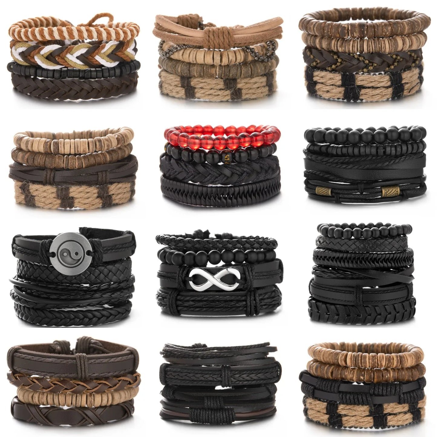 Black Brown & White Braided Leather Wood Bracelet Sets