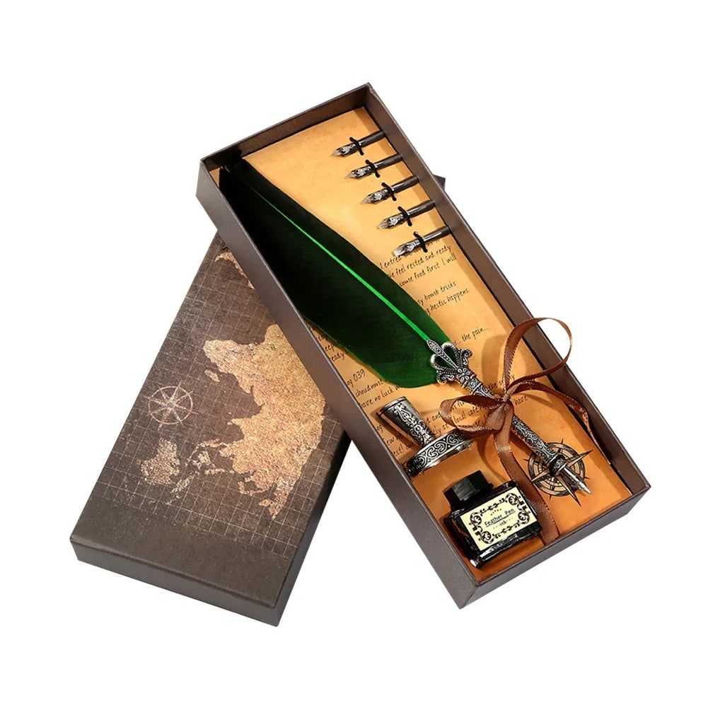 Exquisite Antique Feather Dip Writing Ink Treasure Set