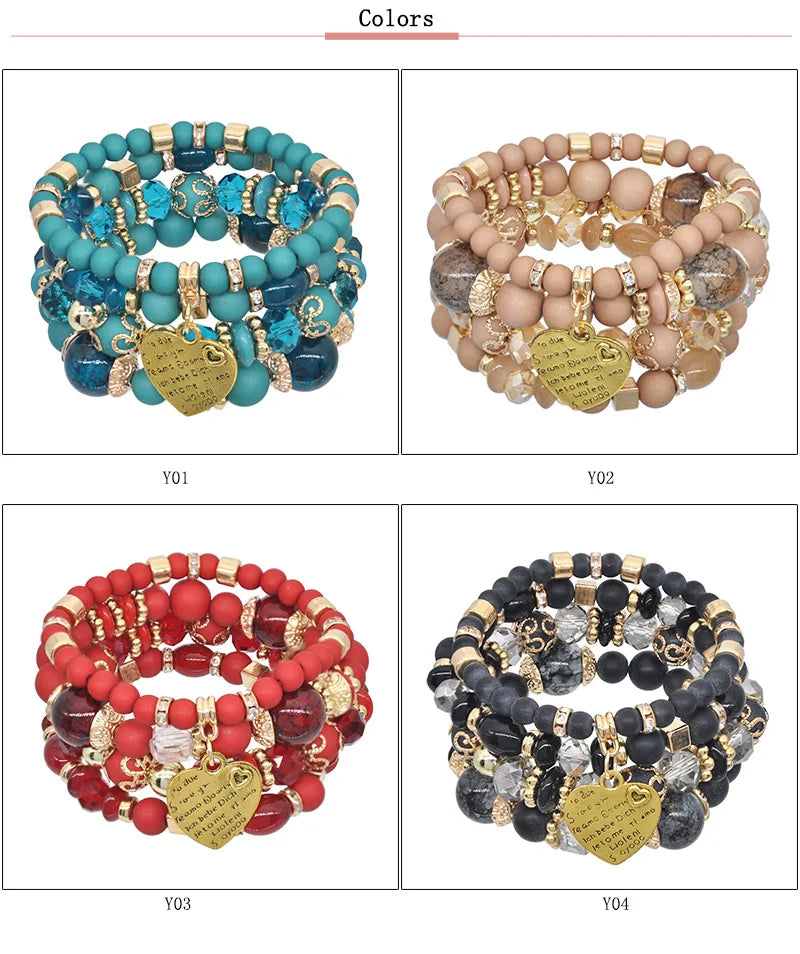 Bohemian Love Pendant Crystal Beaded Bracelet Sets