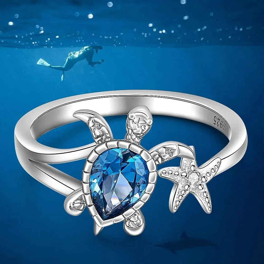 New Blue Topaz Sea Turtle Starfish Rings