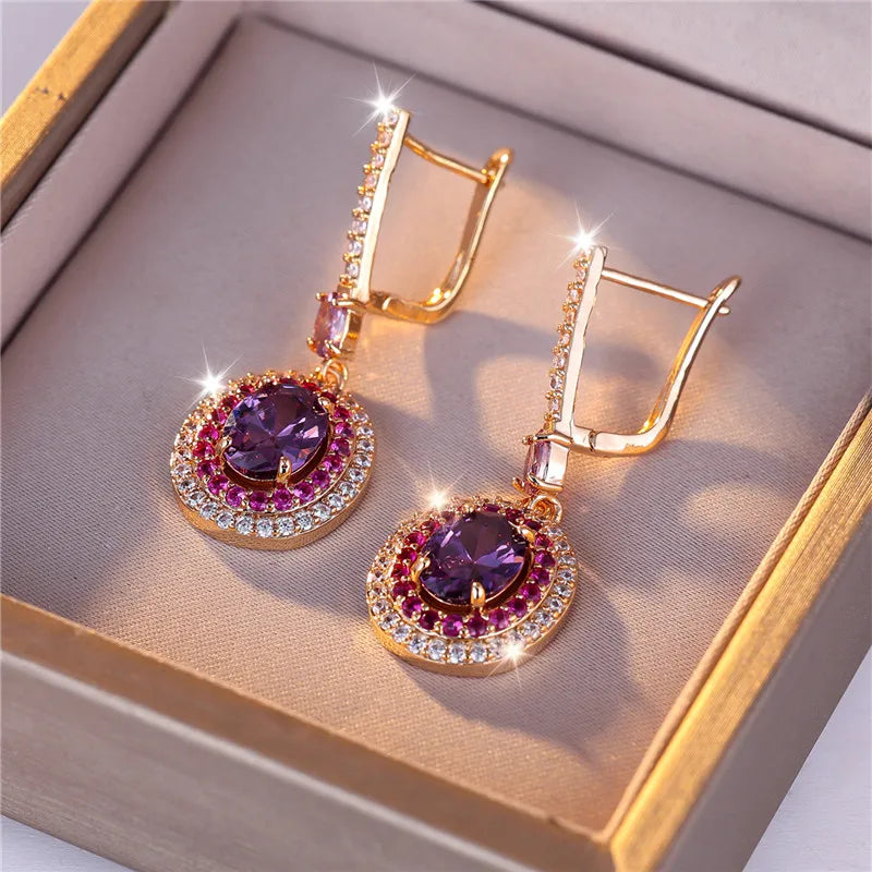 Royal Purple Charm Oval Stone Clip Earrings
