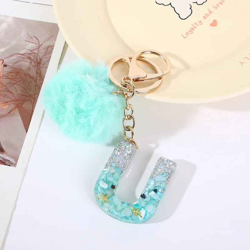Aqua Flow 26 Initials Letter Key Pendant With Green Blue Fluffy Pompom