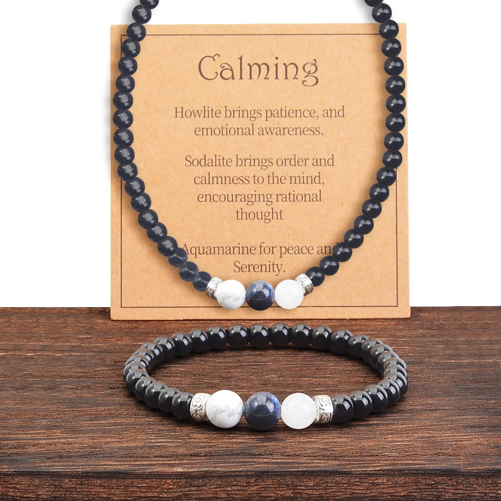 Obsidian Hematite Natural Stone Bracelet & Necklace Set