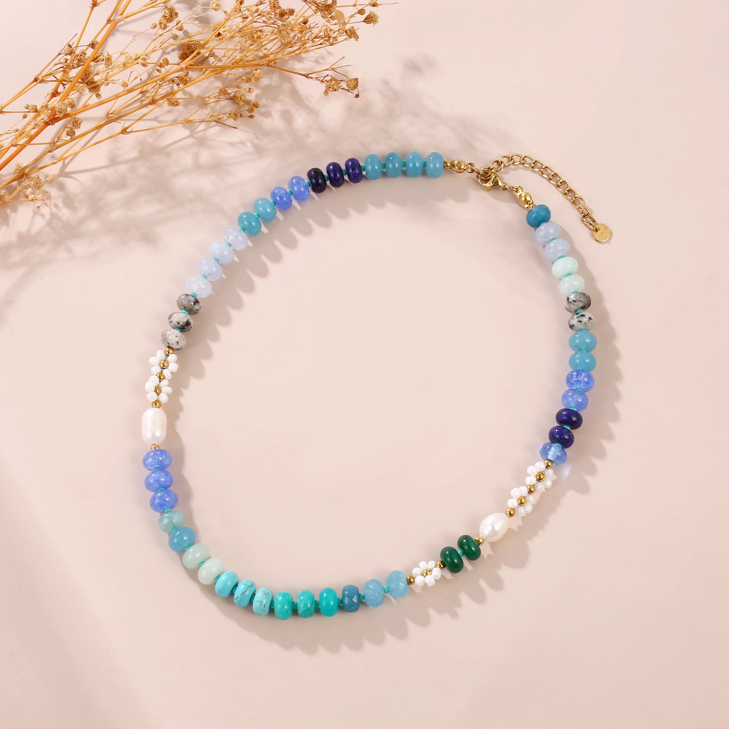 Floral Colorful Natural Stone Pearl Seed Beads Necklace