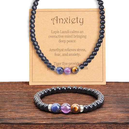 Obsidian Hematite Natural Stone Bracelet & Necklace Set