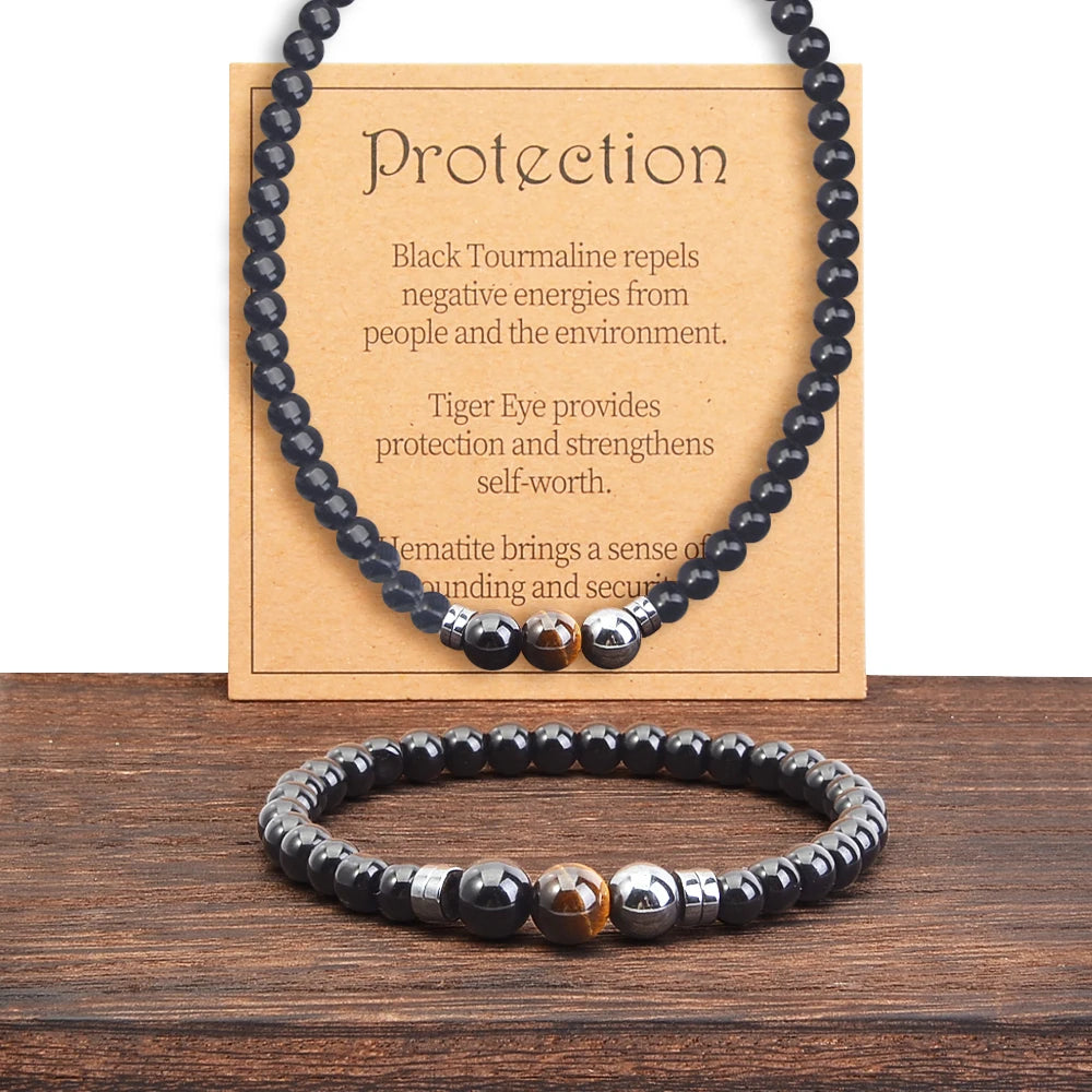 Obsidian Hematite Natural Stone Bracelet & Necklace Set