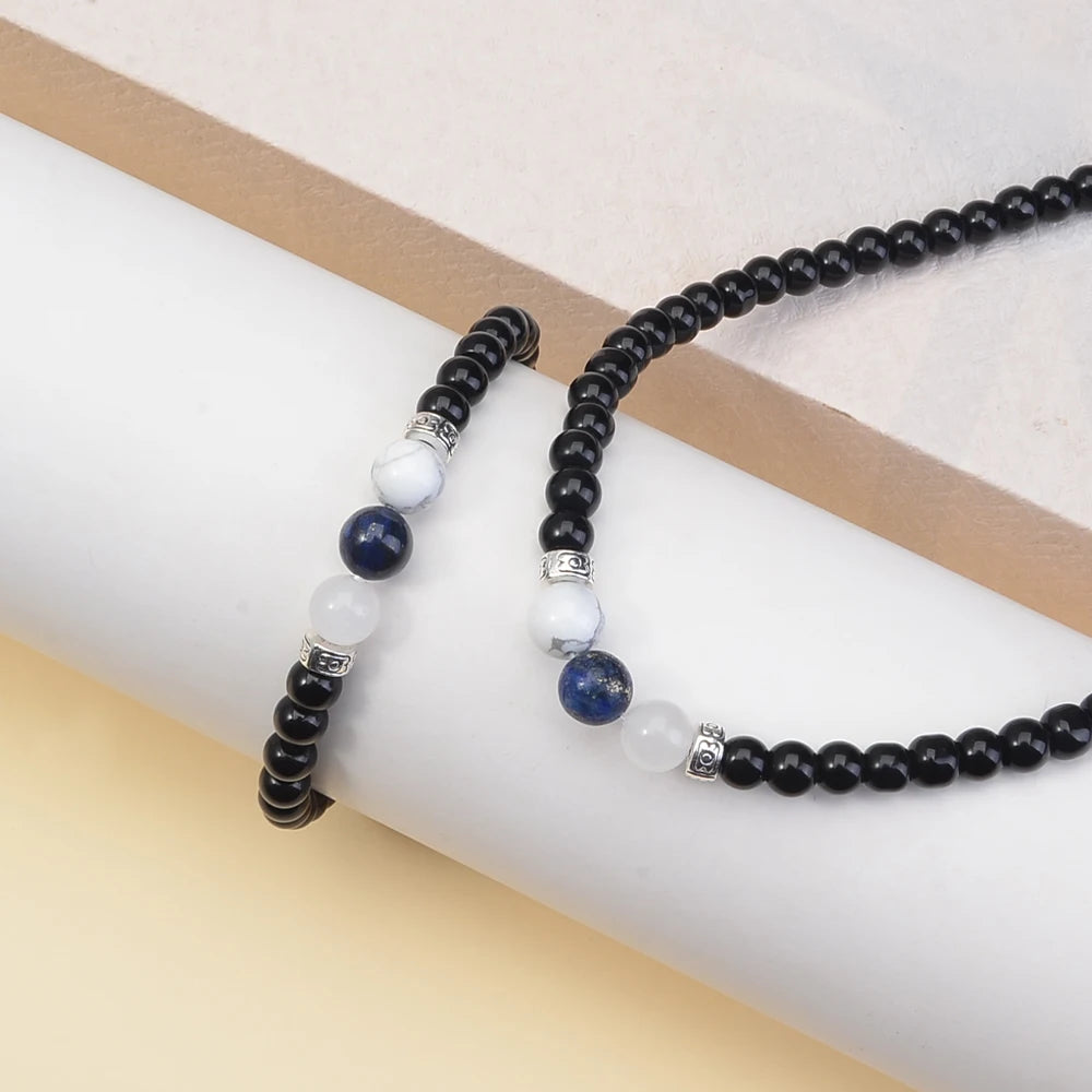 Obsidian Hematite Natural Stone Bracelet & Necklace Set