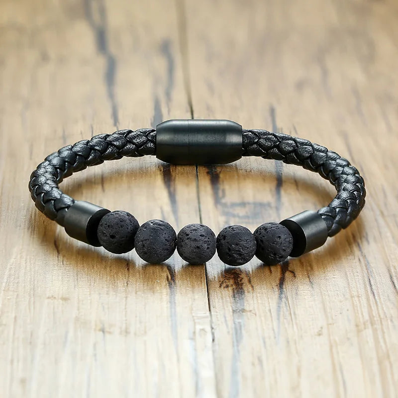 Black Volcanic Titanium Steel Beaded Leather Bracelets