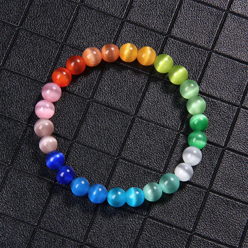 Vibrant Rainbow Pastel Color Cat Eye Stone Beads Bracelets