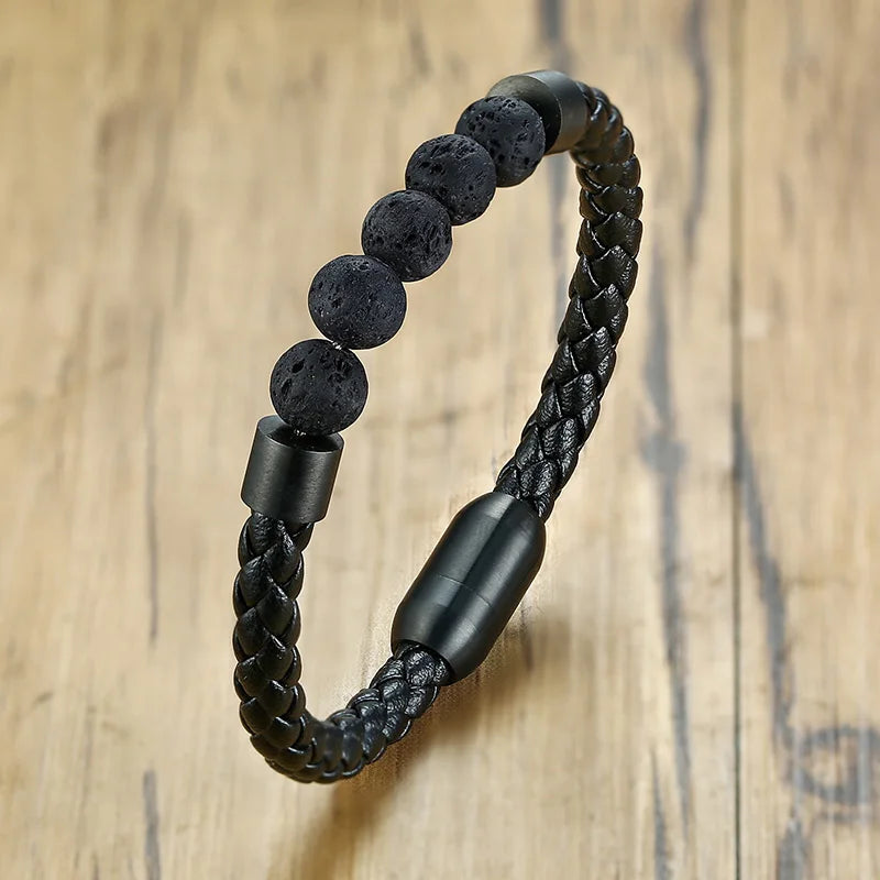 Black Volcanic Titanium Steel Beaded Leather Bracelets