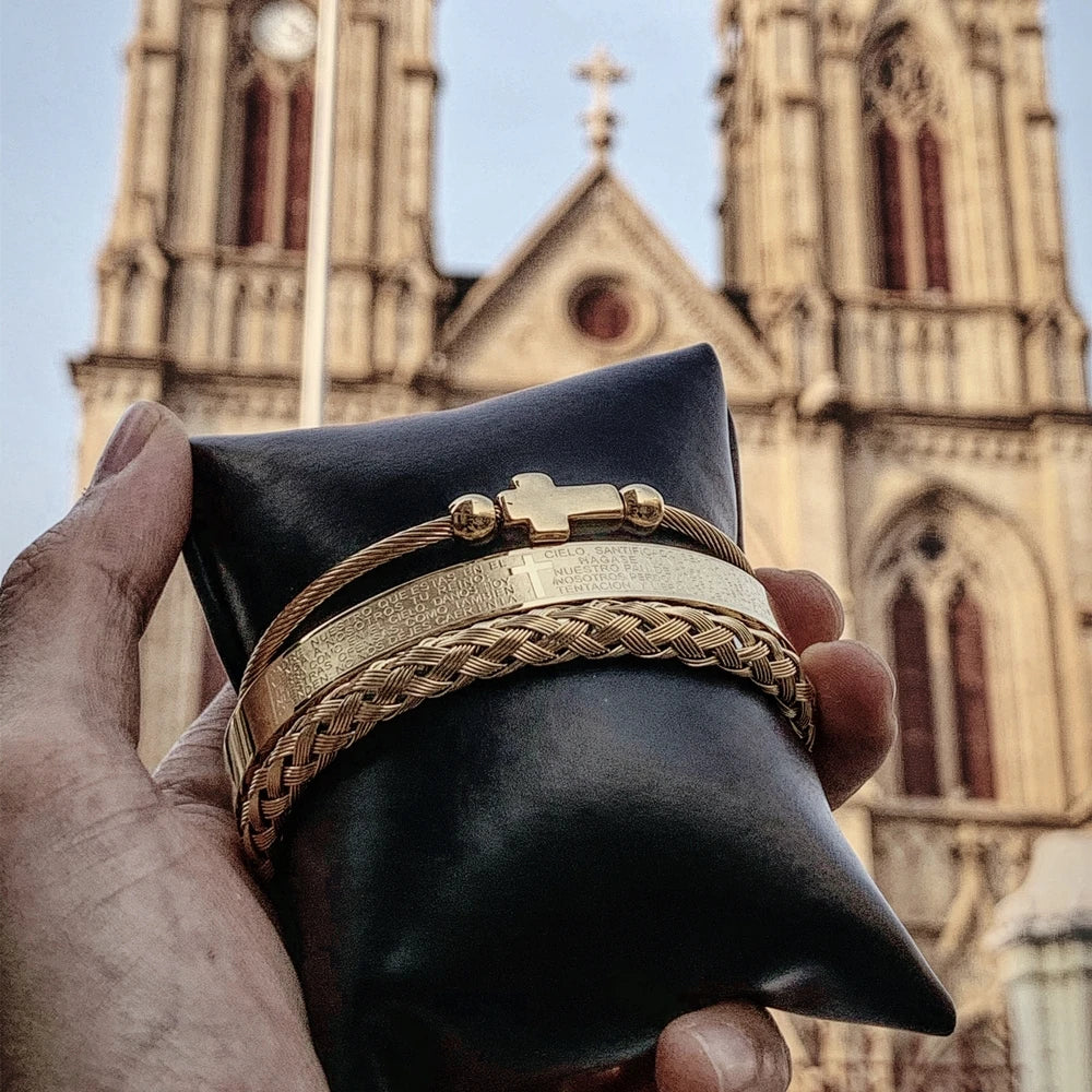 Luxury Cross Charm Spanish Carving Bracelet Bangle Set