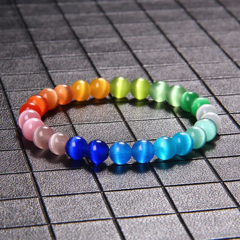 Vibrant Rainbow Pastel Color Cat Eye Stone Beads Bracelets