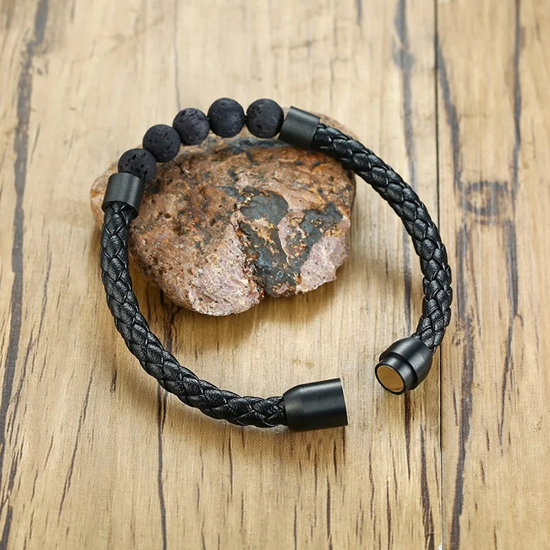 Black Volcanic Titanium Steel Beaded Leather Bracelets
