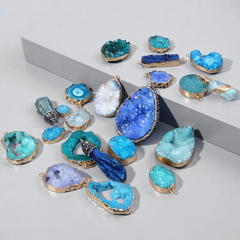 Blue Druzy Stone Connecter Copper Mineral Crystal Pendant Charm