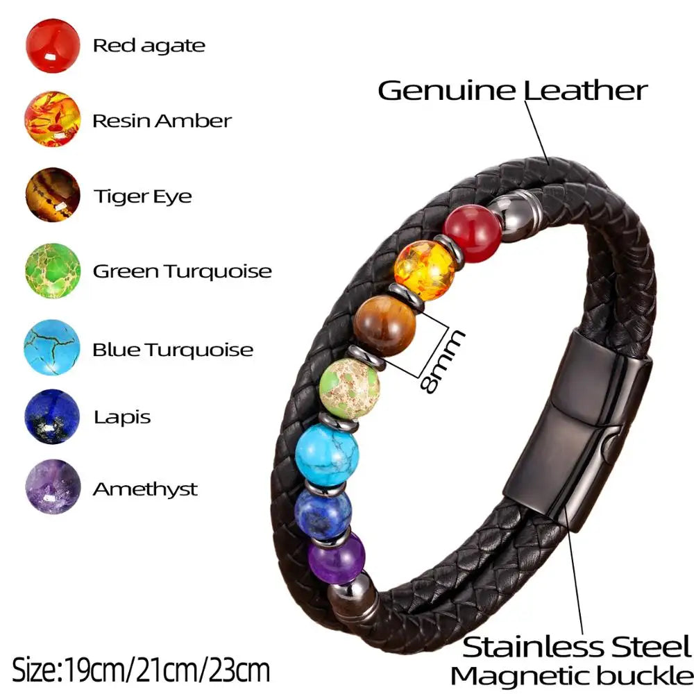 Double Black Genuine Leather 7 Color Natural Healing Stone Bracelets
