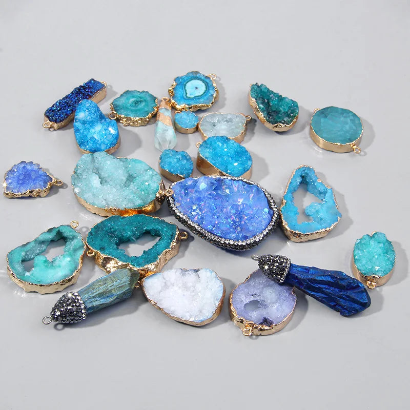 Blue Druzy Stone Connecter Copper Mineral Crystal Pendant Charm