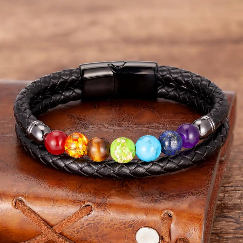 Double Black Genuine Leather 7 Color Natural Healing Stone Bracelets