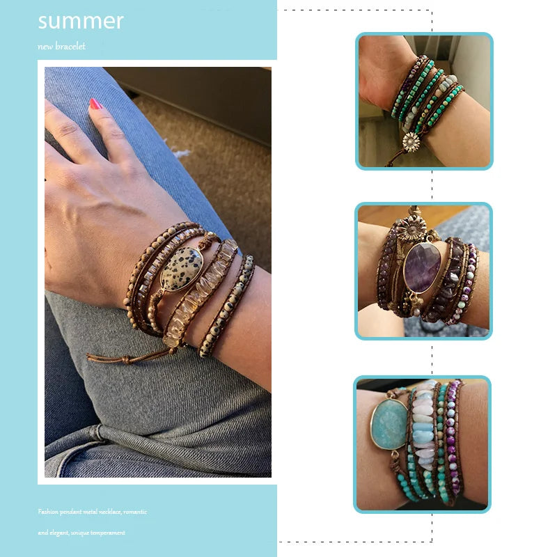 Mixed Natural Stones Charm 5 Strands Wrap Bracelets