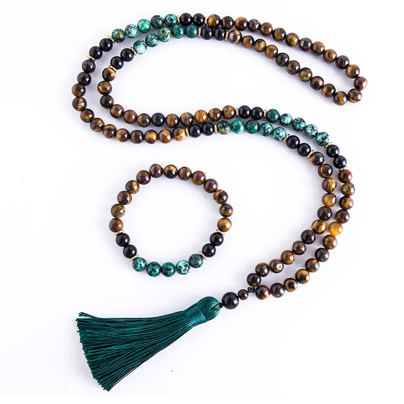 Yellow Tiger Eyes Beaded Tassel Turquesa African Onyx Necklace Set
