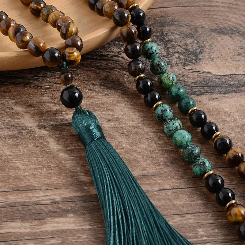 Yellow Tiger Eyes Beaded Tassel Turquesa African Onyx Necklace Set