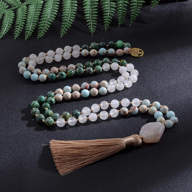 White Jade African Turquoise Emperor Jasper Knotted Set