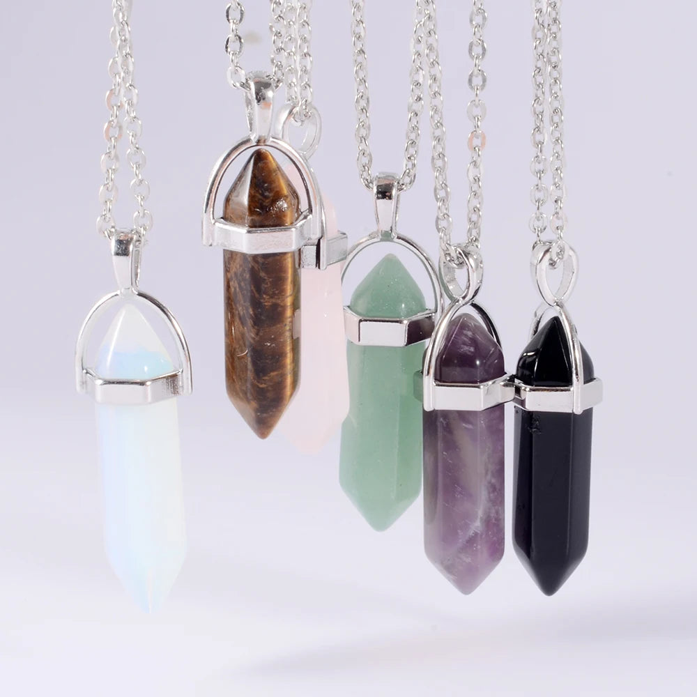 Natural Crystal Hexagonal Point Pendulum Stone Pendant Necklace