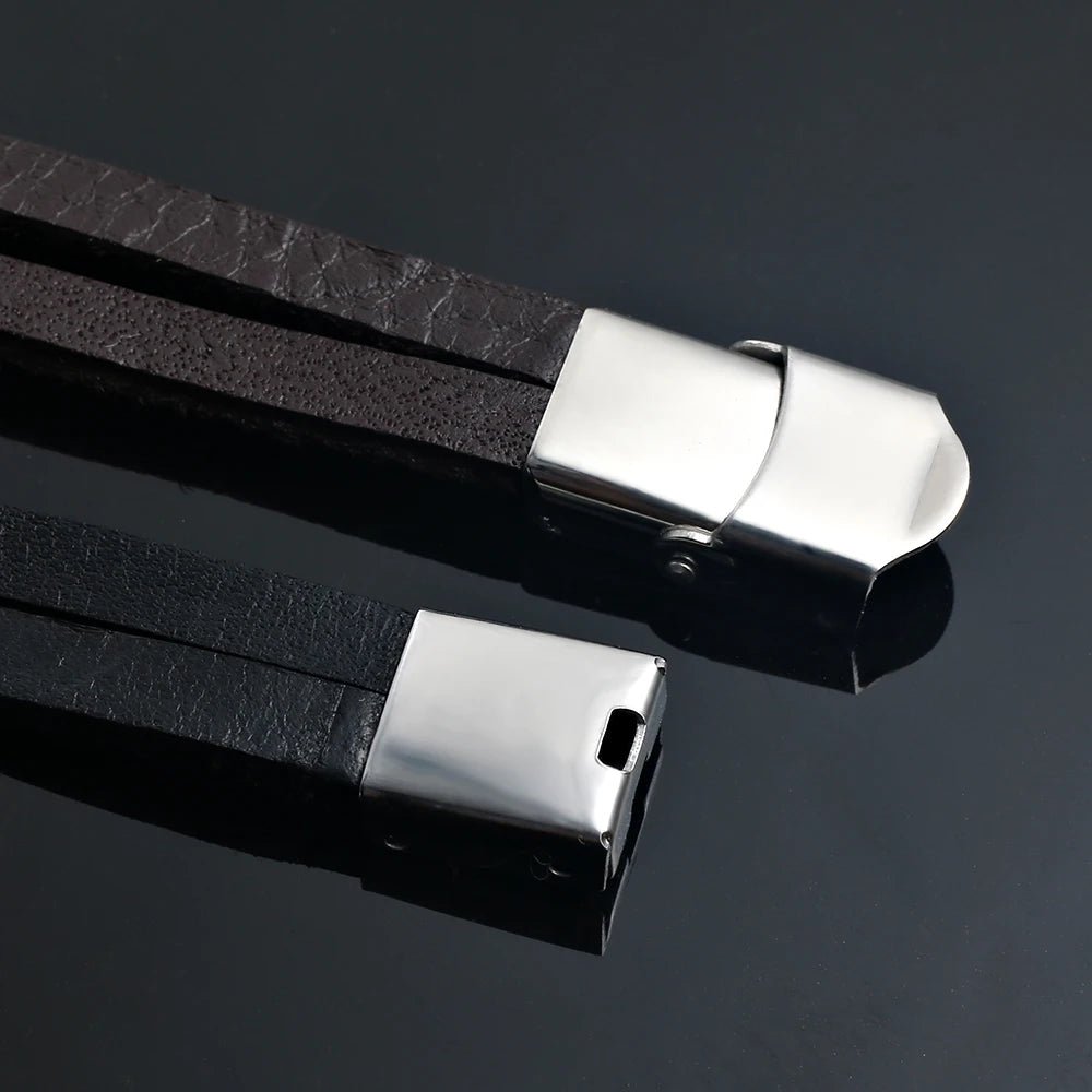 Tai Chi Yin Yang Fish Leather Charm Double Cuff Bracelet