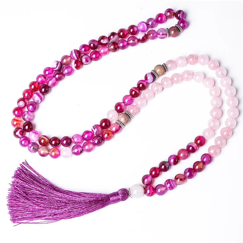 Pink White Rose Quartz Agate Beaded Tassel Sets