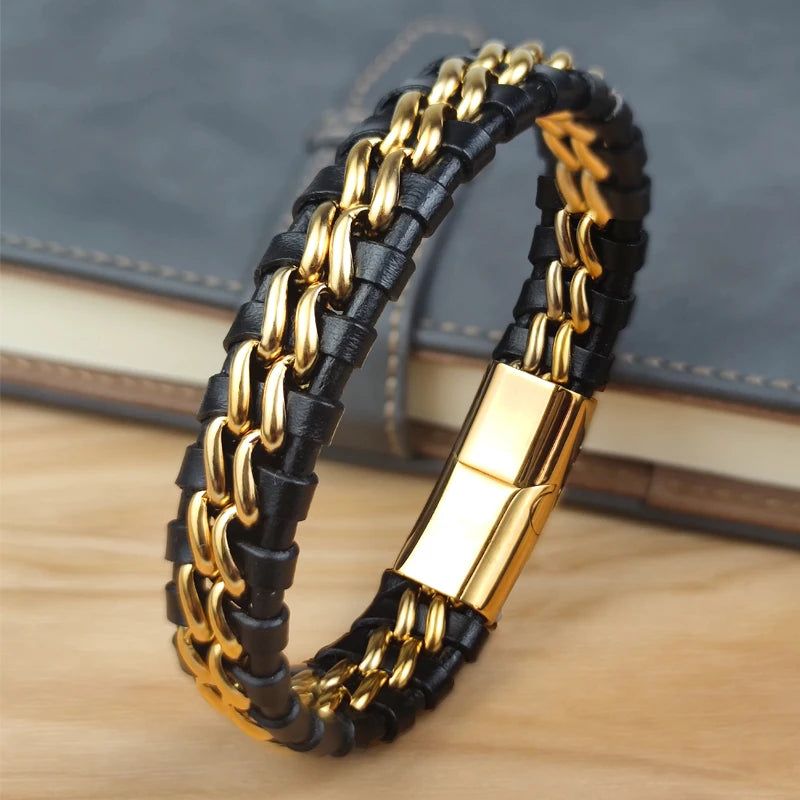 Exclusive Genuine Leather Magnetic Gold Chain Bracelet