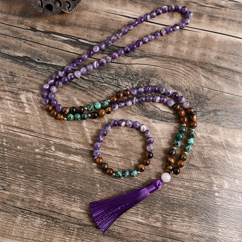 Natural Amethyst Yellow Tiger Eye Turquesa Africana Necklace Bracelet Set