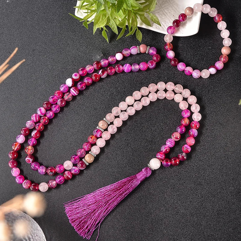 Pink White Rose Quartz Agate Beaded Tassel Sets