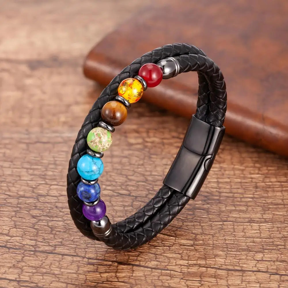Double Black Genuine Leather 7 Color Natural Healing Stone Bracelets