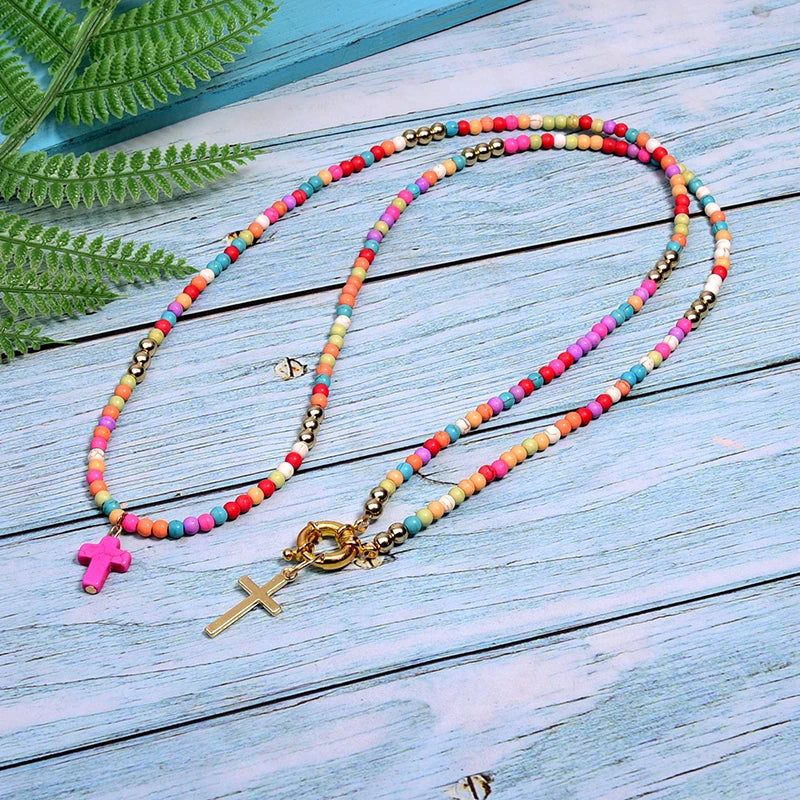 Long Cross Pendant Boho Double Layer Statement Choker Necklace