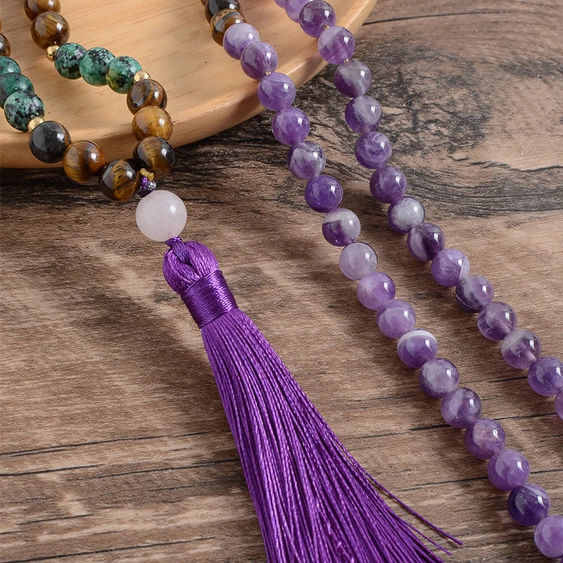 Natural Amethyst Yellow Tiger Eye Turquesa Africana Necklace Bracelet Set