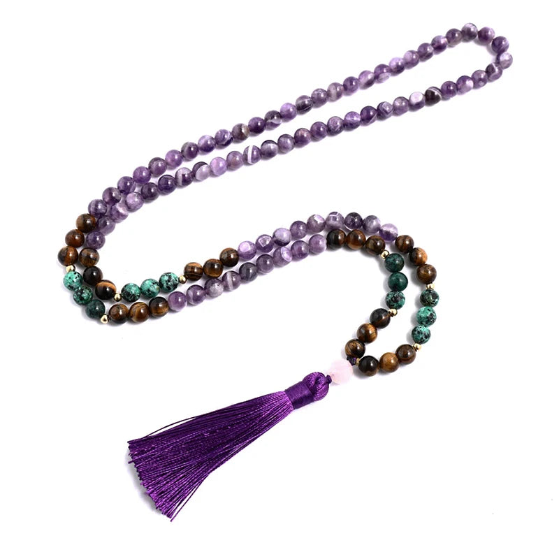 Natural Amethyst Yellow Tiger Eye Turquesa Africana Necklace Bracelet Set