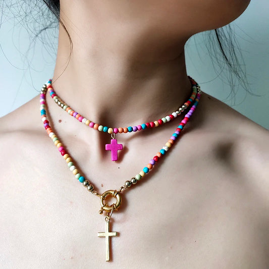 Long Cross Pendant Boho Double Layer Statement Choker Necklace