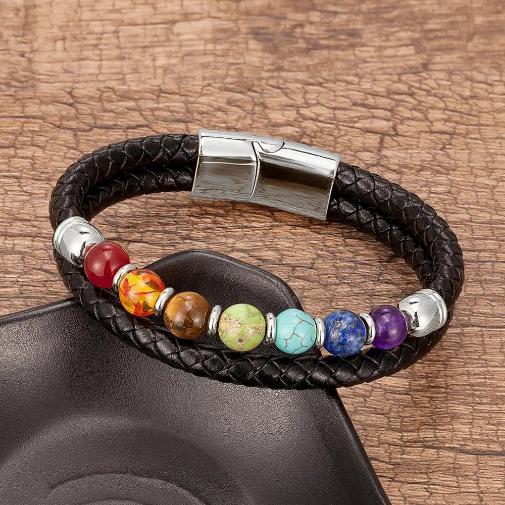 Double Black Genuine Leather 7 Color Natural Healing Stone Bracelets