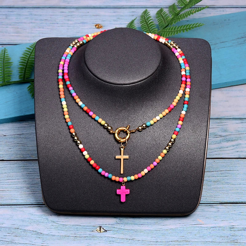 Long Cross Pendant Boho Double Layer Statement Choker Necklace